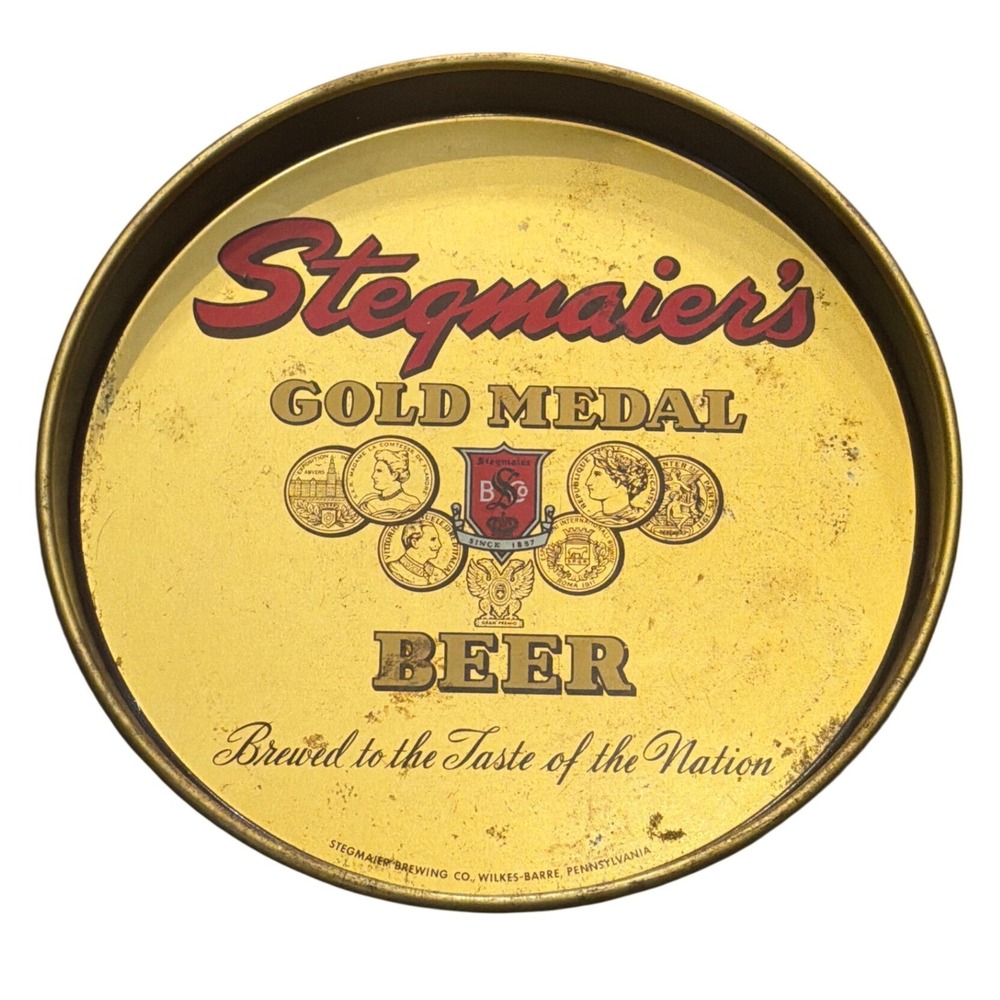 Vintage Stegmaier's Gold Medal Beer Metal Serving Tray Wilkes-Barre PA Yellow